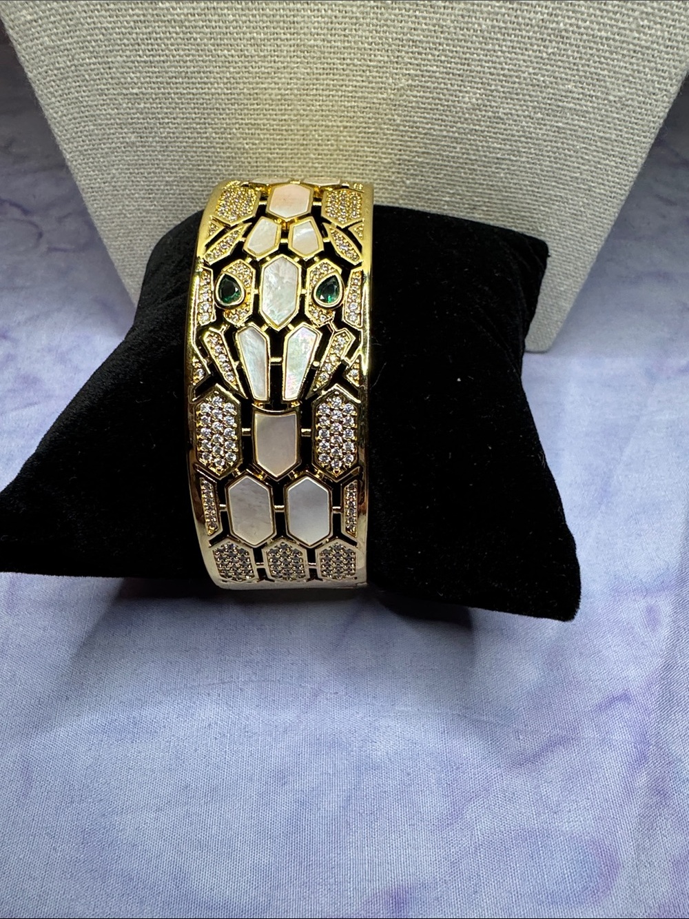 Gold-Tone Snake Cuff Bracelet with White Inlay and Green Stone Eyes - Picture 1 of 8